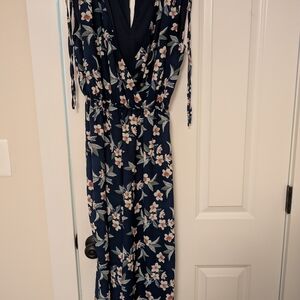 As U Wish Cream and Blue Long Sleeve Wrap Tie Front Sundress